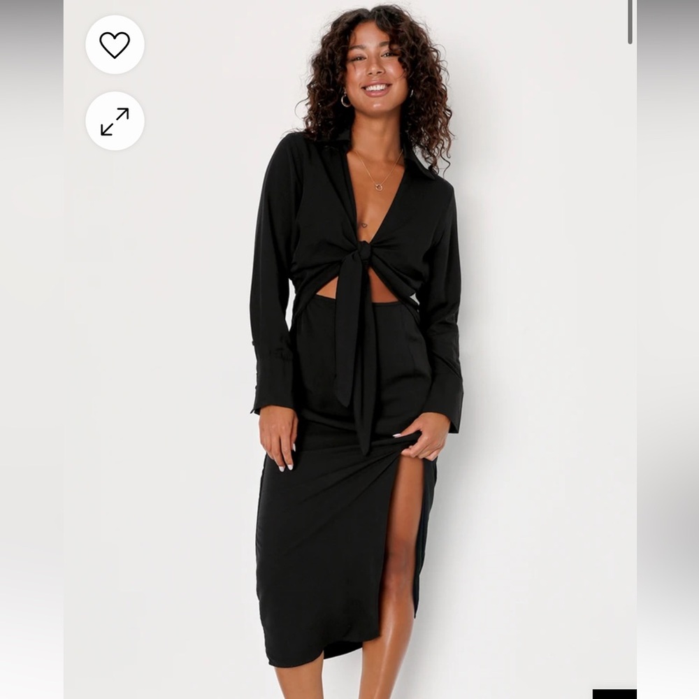 Long Story Shirt Black Long Sleeve Tie-Front Midi Dress